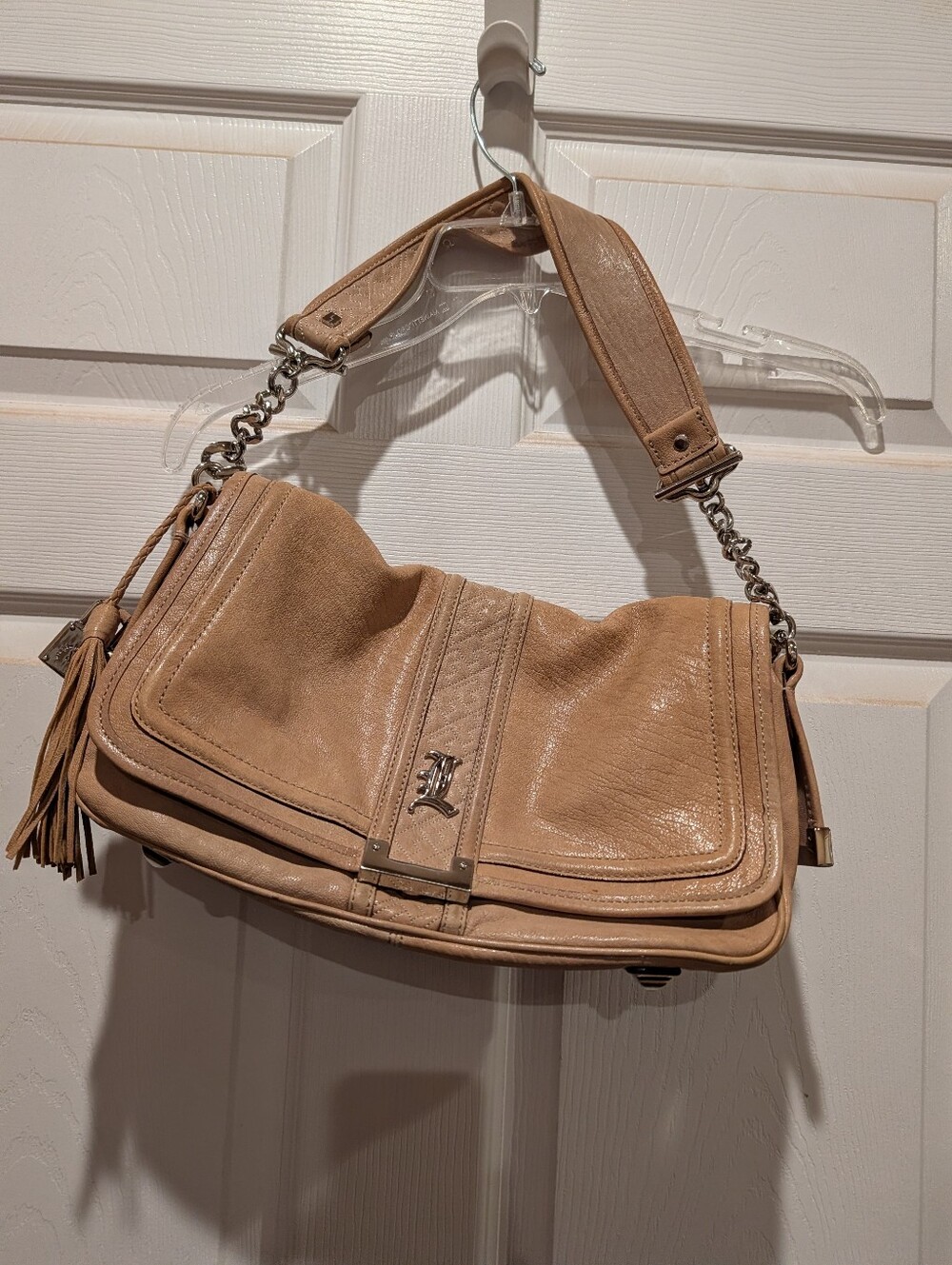 L.A.M.B. Beige/Tan Leather Shoulder Bag with Tassel